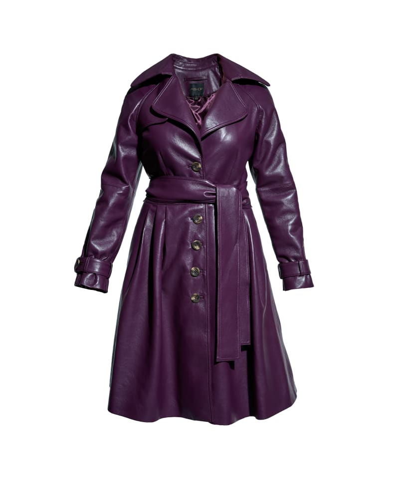 Front of a size L Darcy Recycled Leather Trench in Plum Wine by AS by DF. | dia_product_style_image_id:312124